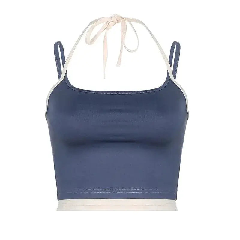 Retro Color Contrast Halterneck Backless Vest For Chic Women