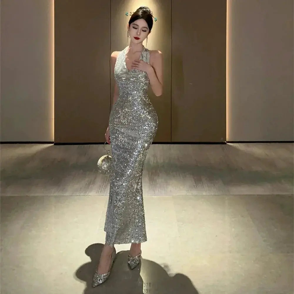 Silver Sequin Evening Gown V Neck Glam Dress for Events
