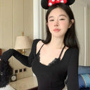 Elegant Lace Trim Nightwear Stylish Long Sleeve Top Chic