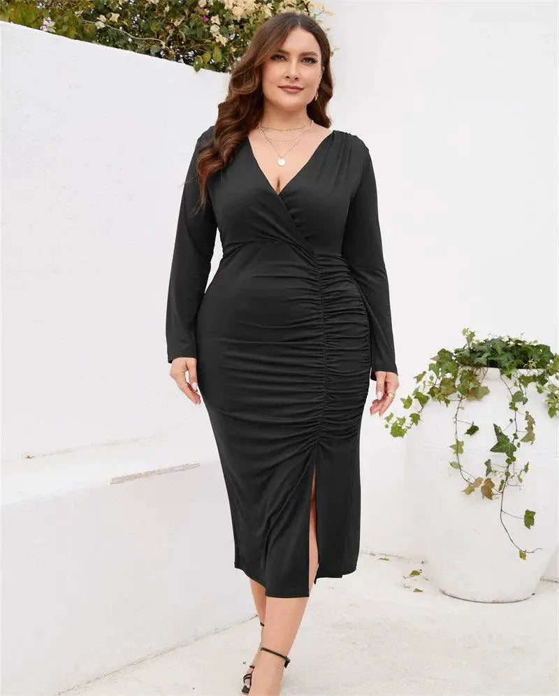 Slim Fit Sheath Slit Dress For Summer With V Collar