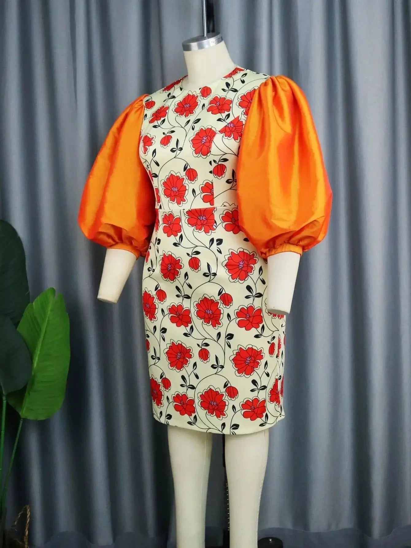 4XL Womens Printed Lantern Sleeve Dress Plus Size Fashion