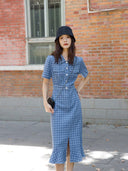 Retro Houndstooth Denim Dress Timeless Korean Style Chic