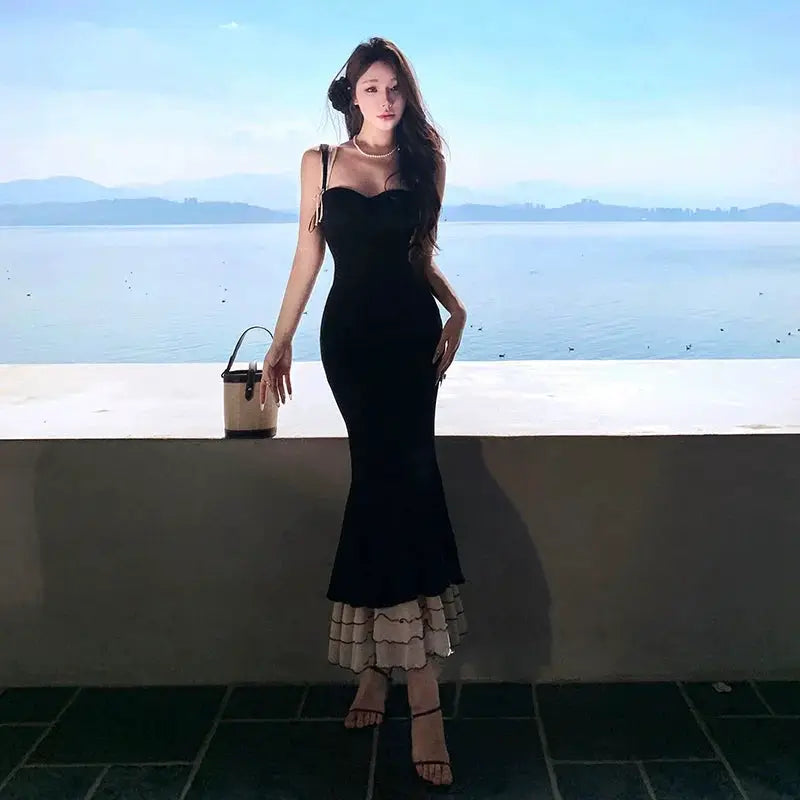 French Black Backless Dress Lotus Sling Stylish Summer Look