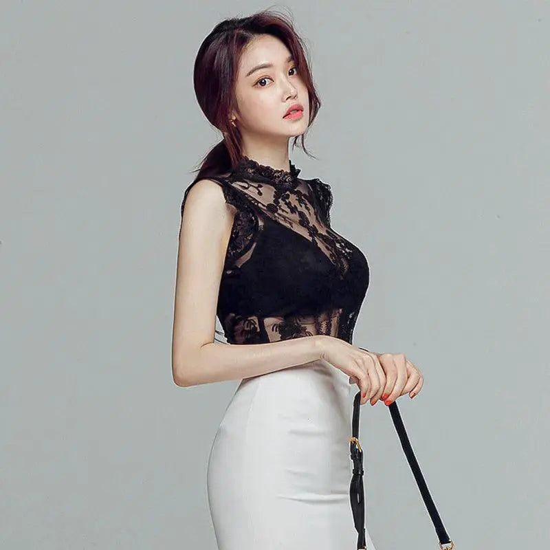 Black Lace Mesh Shirt For Women Summer Fashion Elegance