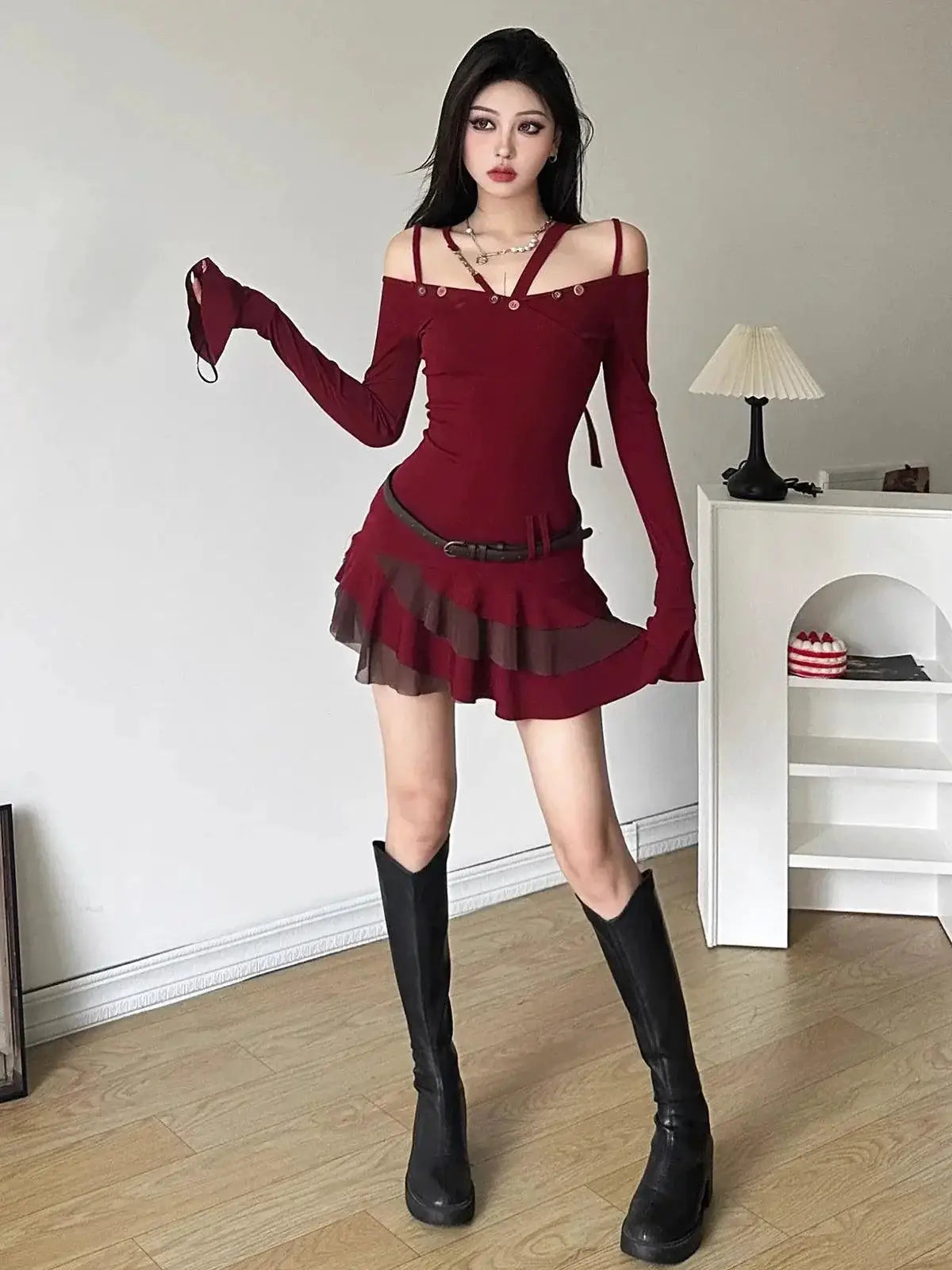Red Halterneck Dress Winter Chic For Young Women Elegance