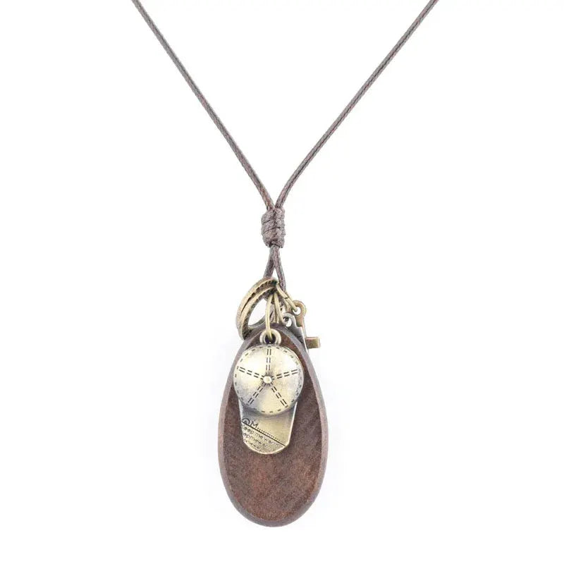 Baigu Baseball Wooden Necklace Pendant Bronze Accessory