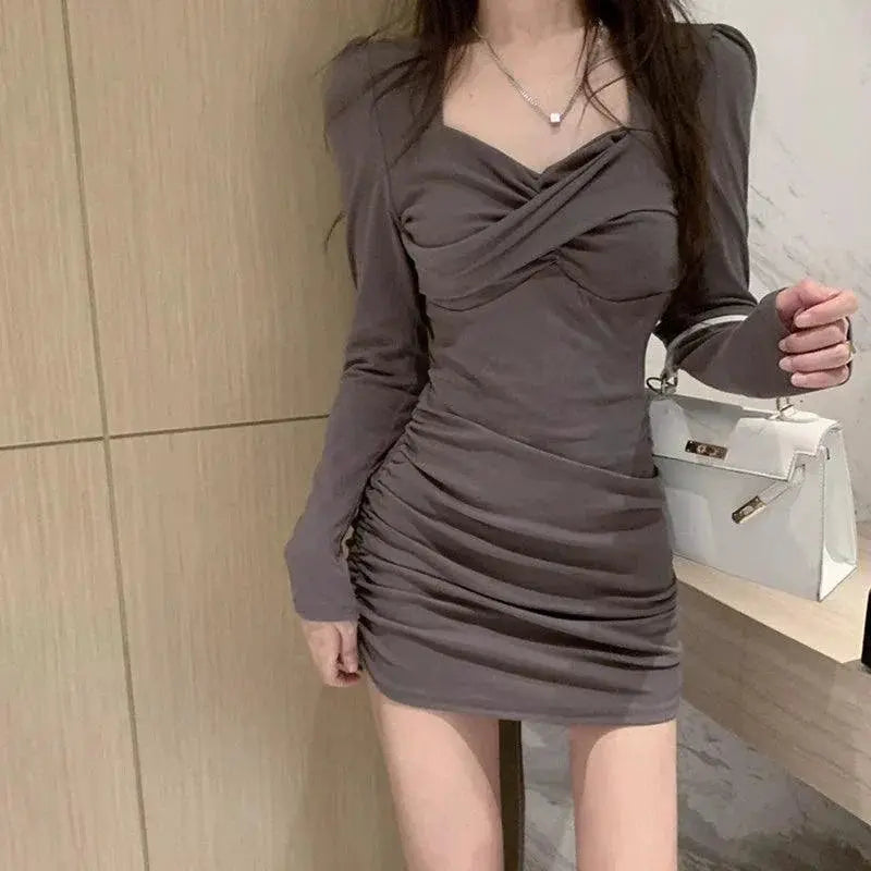 Sleek Gray V Neck Long Sleeve Short Skirt Spring Chic Look