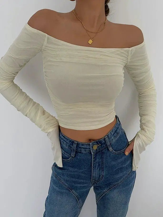 Elegant Mesh Yarn Off Shoulder Top For Autumn Fashion
