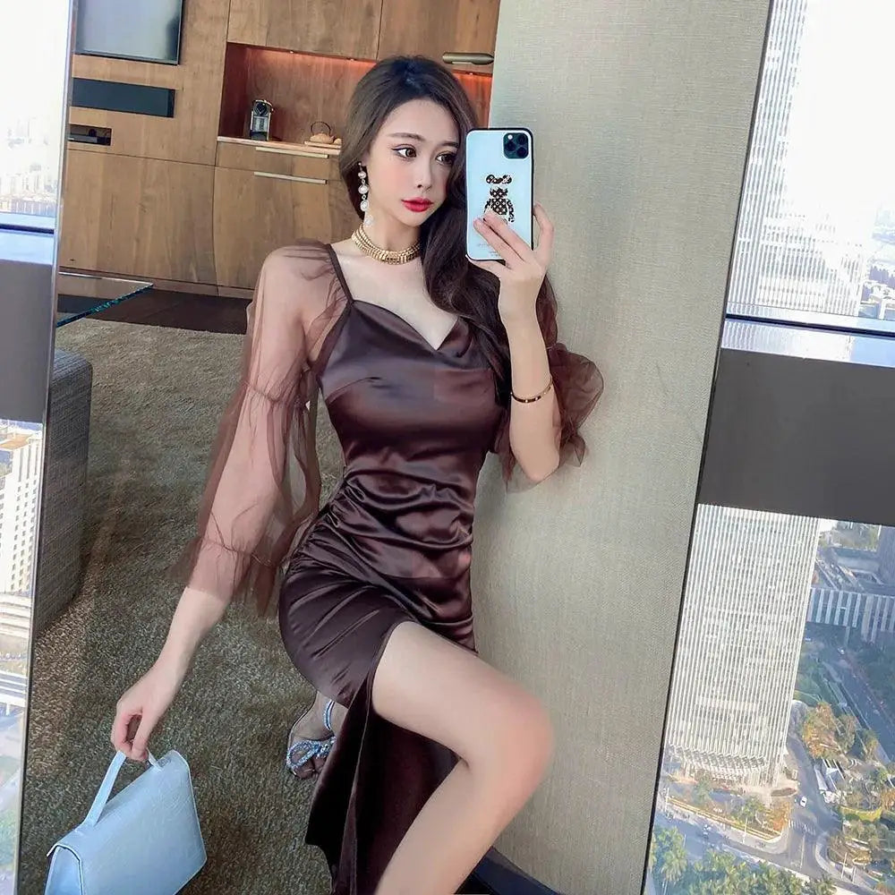 Chic Retro V Neck Satin Dress For Sophisticated Women