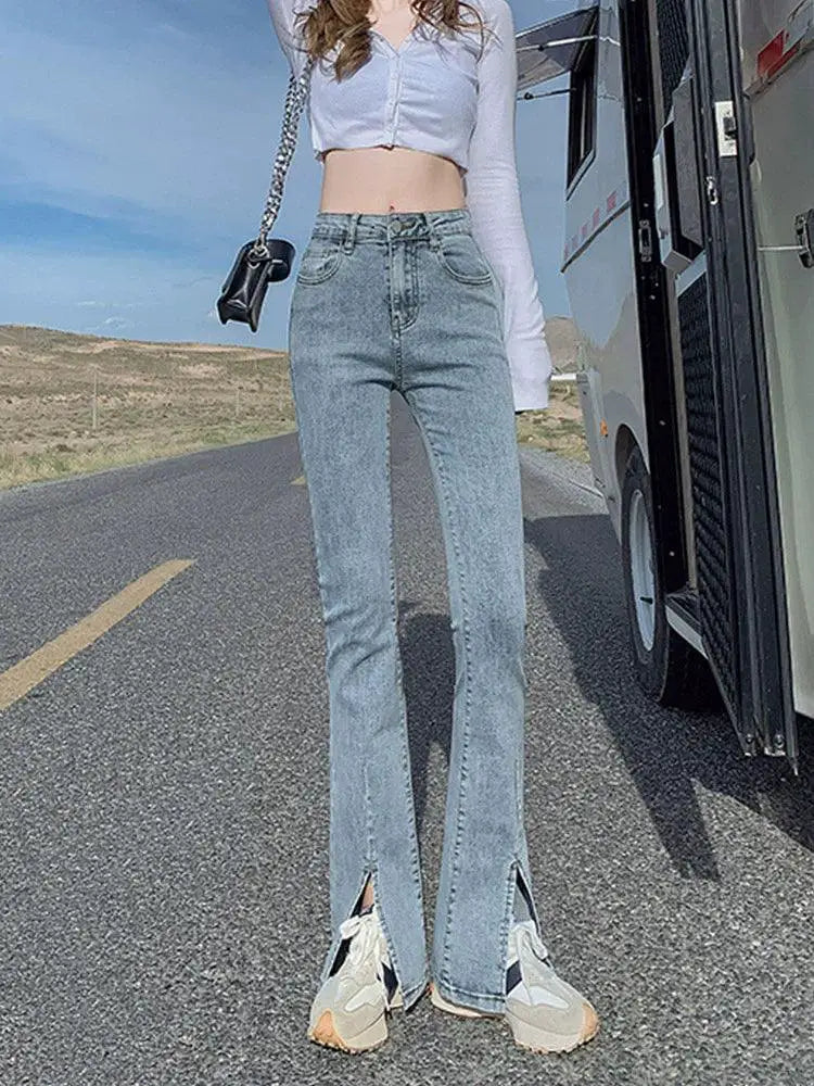 High Waist Flared Jeans With Split Detailing Denim