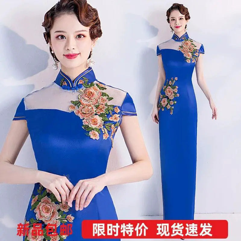 Blue Chinese Bride Evening Gown for Elegant Banquets Events