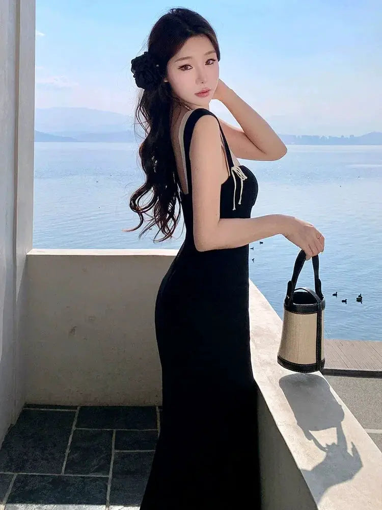 French Black Backless Dress Lotus Sling Stylish Summer Look