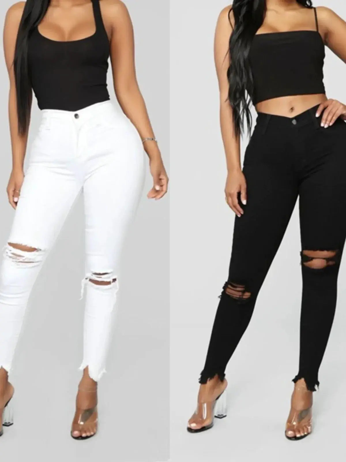 Tall Waist Ripped Jeans for Women Elastic Pants Fashion