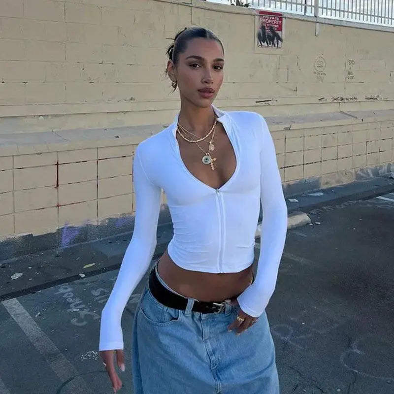 Autumn Winter Women's Chic V Neck Tee Bare Midriff Style