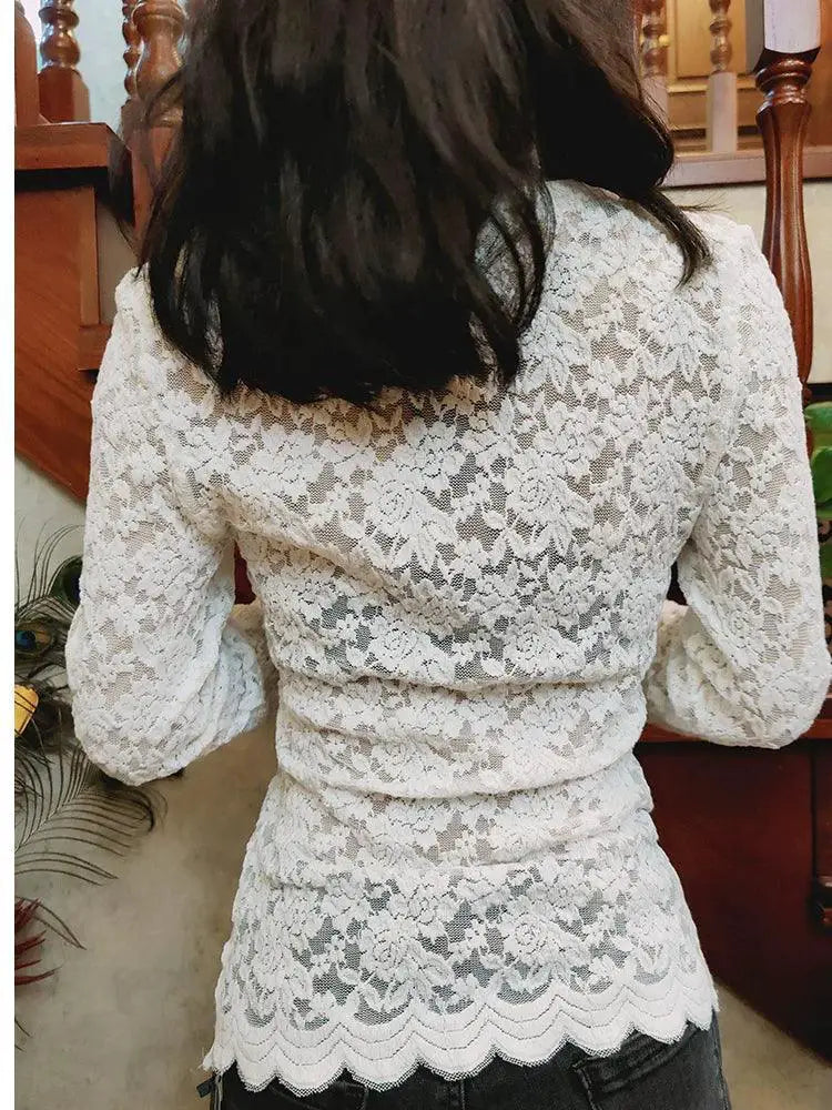 Autumn Chic Black Lace V Neck Shirt for Women Elegant Top