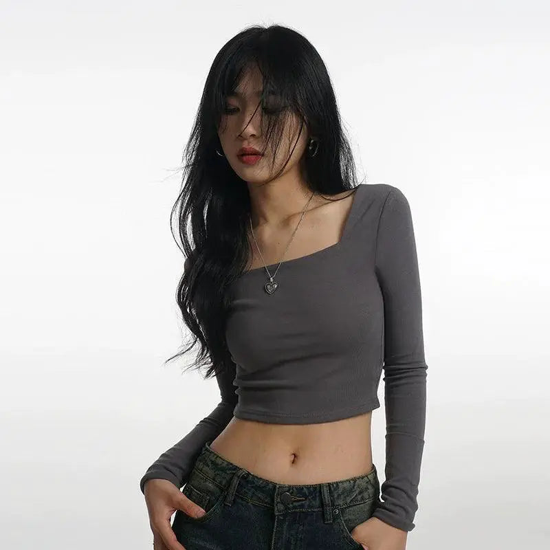 Square Neckline Long Sleeve Tee Urban Chic Fashion Statement