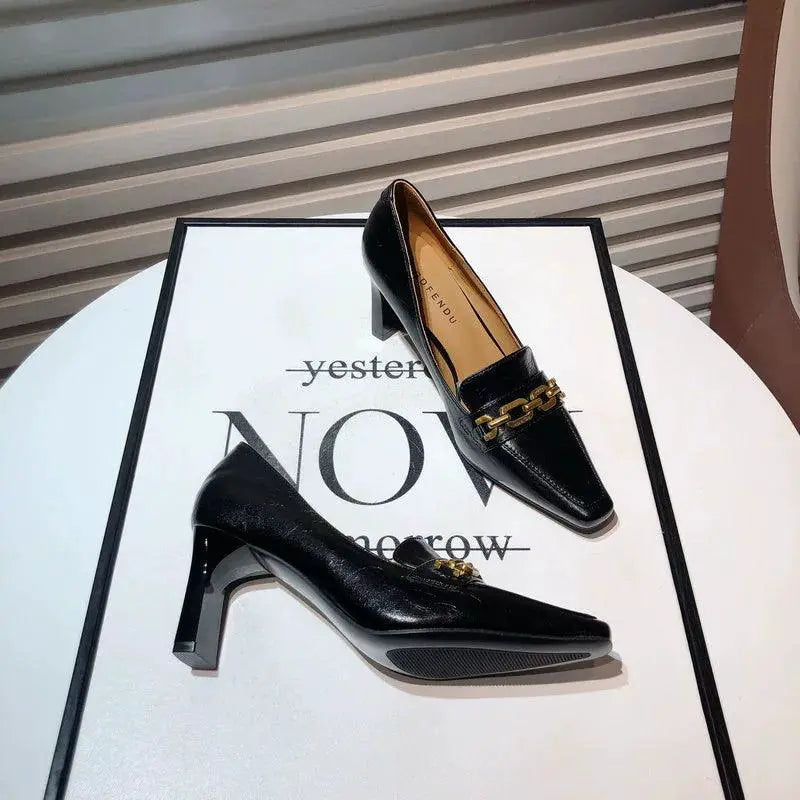 Milk Tea Chunky Heel Shoes Korean Style Square Toe Design