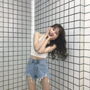 Denim High Waist Shorts: Edgy Raw Edge Design Chic Fit