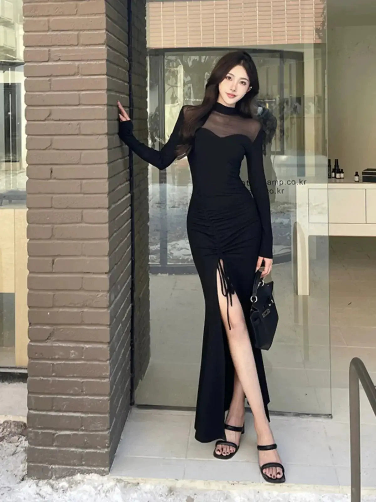 French Mesh Patchwork Dress Chic Autumn Winter Style