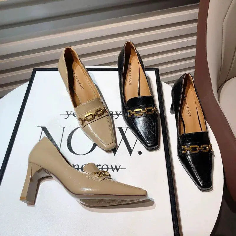 Milk Tea Chunky Heel Shoes Korean Style Square Toe Design