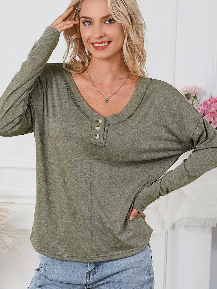 Fall 2024 Pure Color Long Sleeve V Neck Top For Women