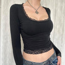 Stylish Dark Square Neck T-shirt Trendy Lace Trim Fashion