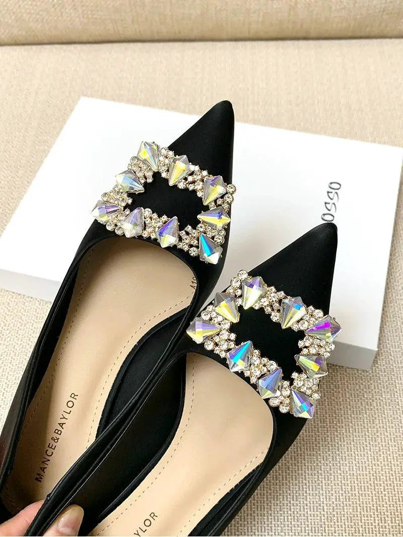 Black Flats With Rhinestone Square Buckle For Elegant Style