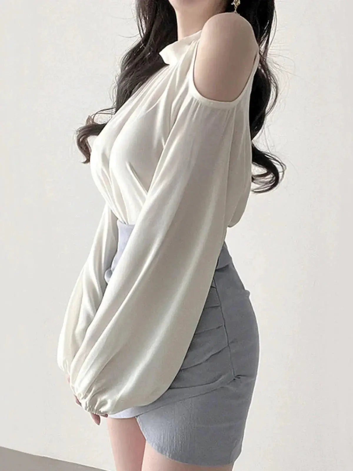 Off The Shoulder Lace Up Chiffon Shirt For Fall Style