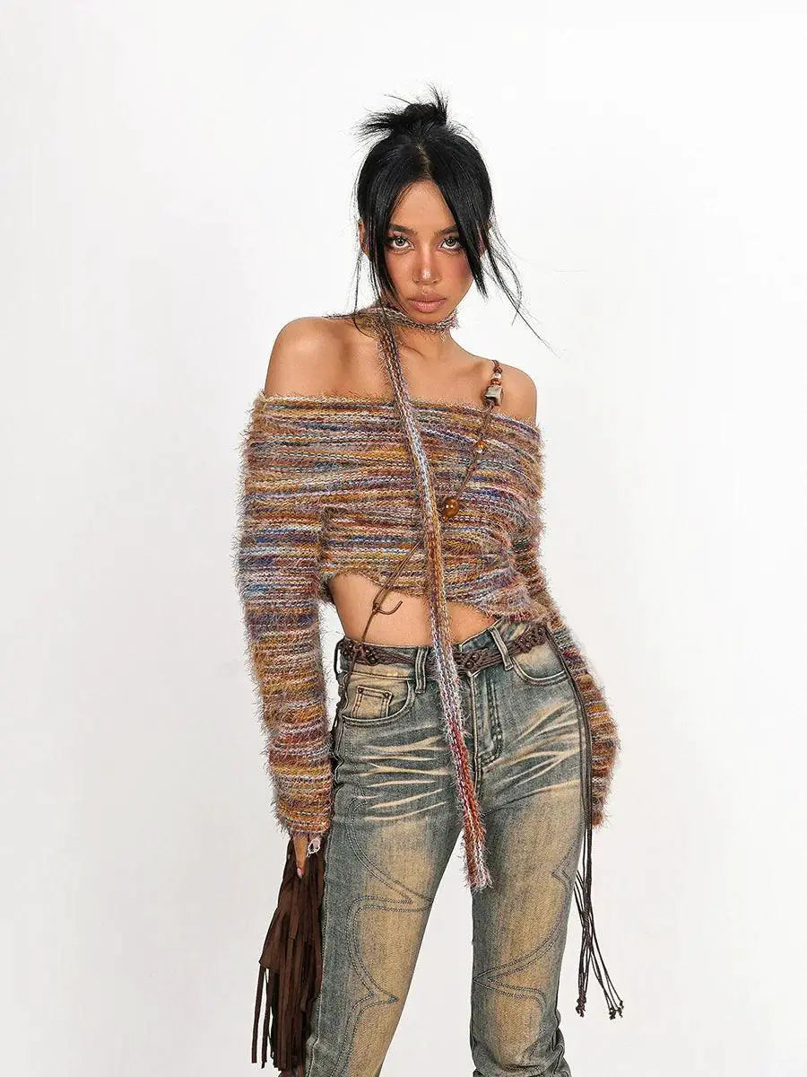 Milky Cool Retro Oil Painting Off Shoulder Sweater Autumn