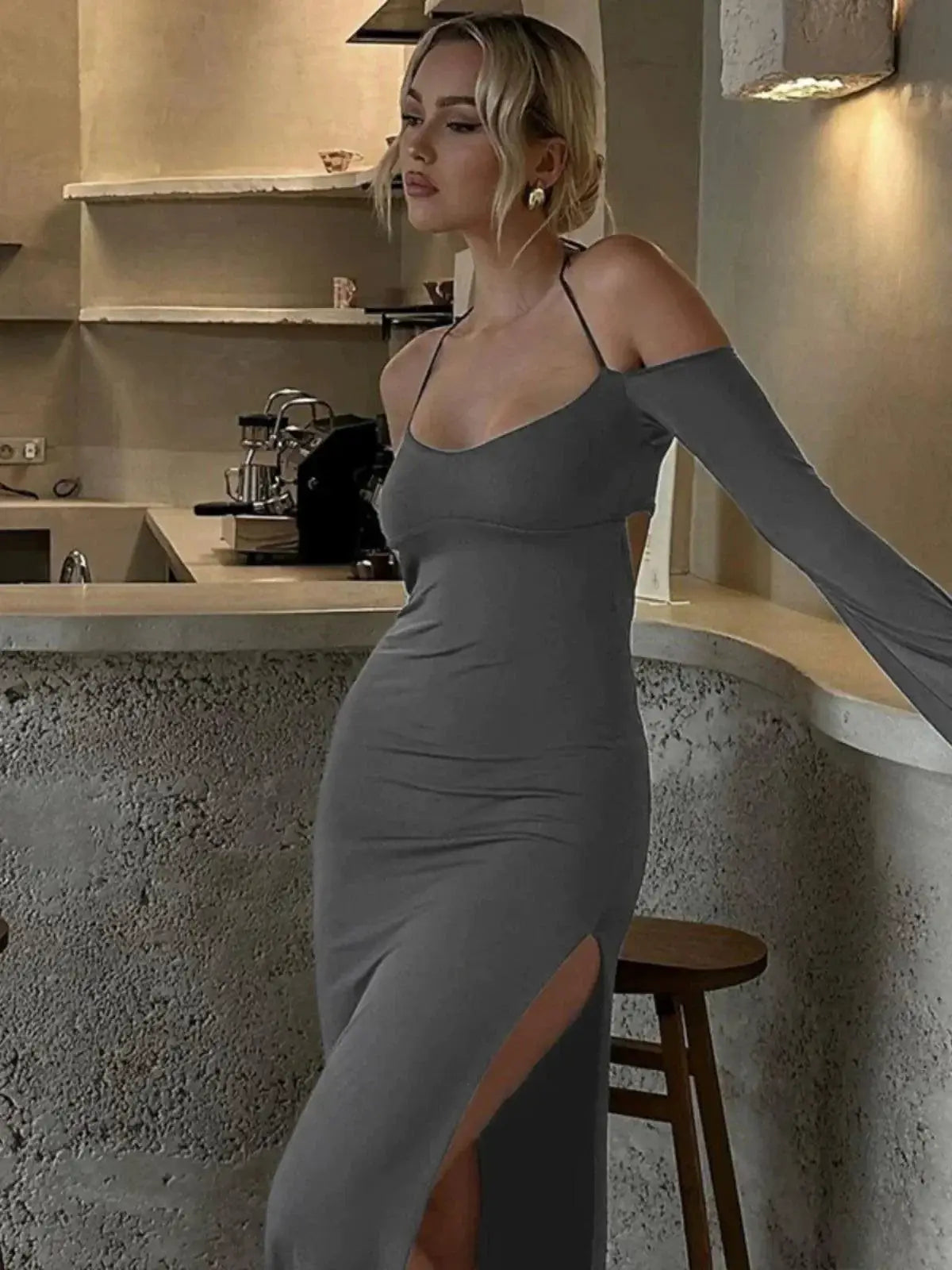 Flattering Off Shoulder Halter Gown For Chic Events