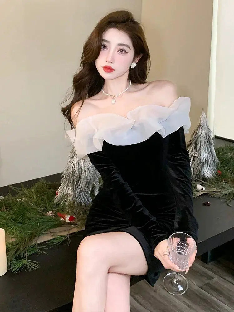 Luxurious Velvet Off Shoulder Dress Chic Elegance Style
