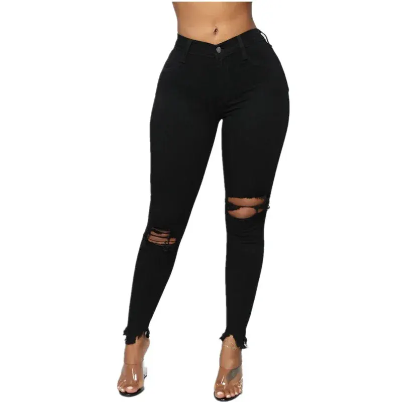 Tall Waist Ripped Jeans for Women Elastic Pants Fashion
