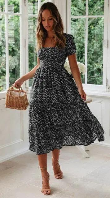 Floral Maxi Dress With Square Collar Spring Fashion