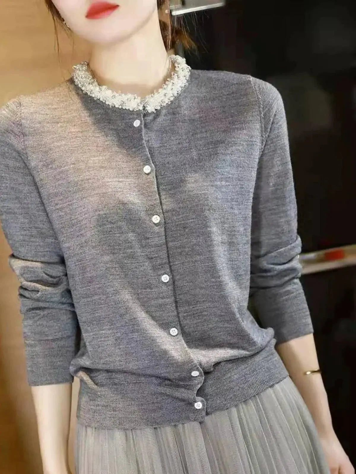 White Wool Cardigan With Beaded Detailing For Autumn