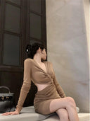 V Neck Pleating Slim Fit Dress Stylish Hollow-out Bodycon Dress