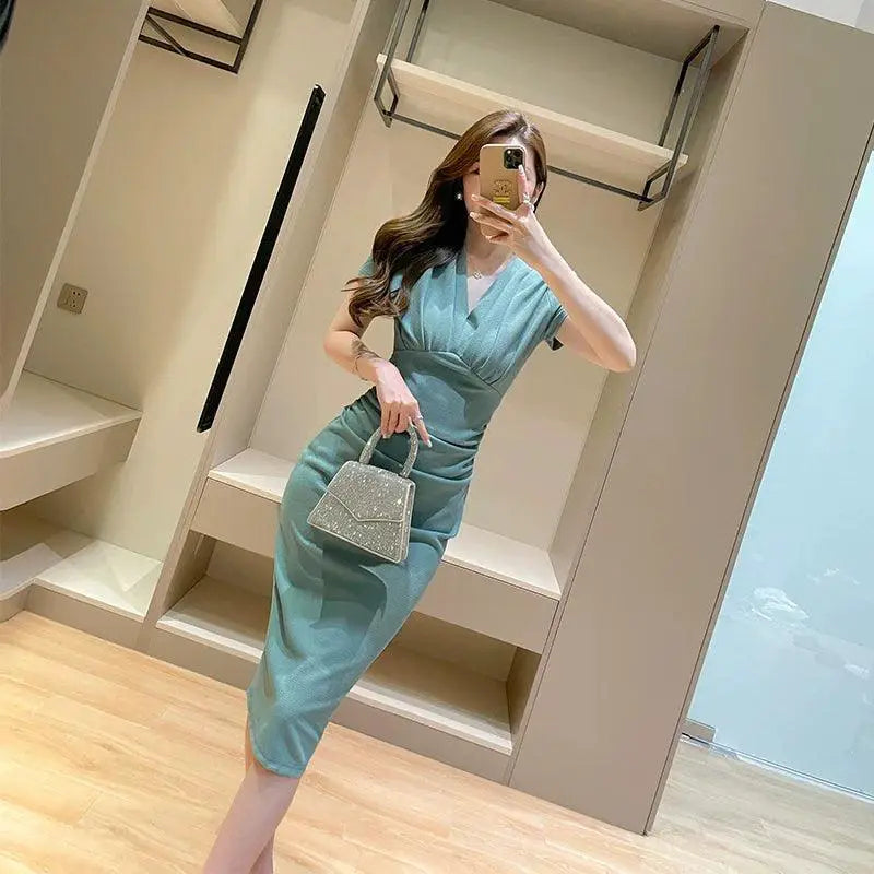 French Inspired V Neck Midi Dress For Summer Workwear