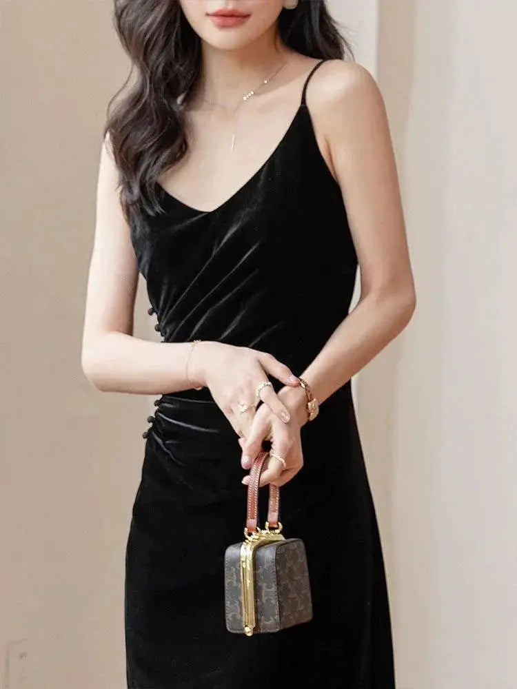 Black Velvet French Retro A Line Dress Vintage Elegance