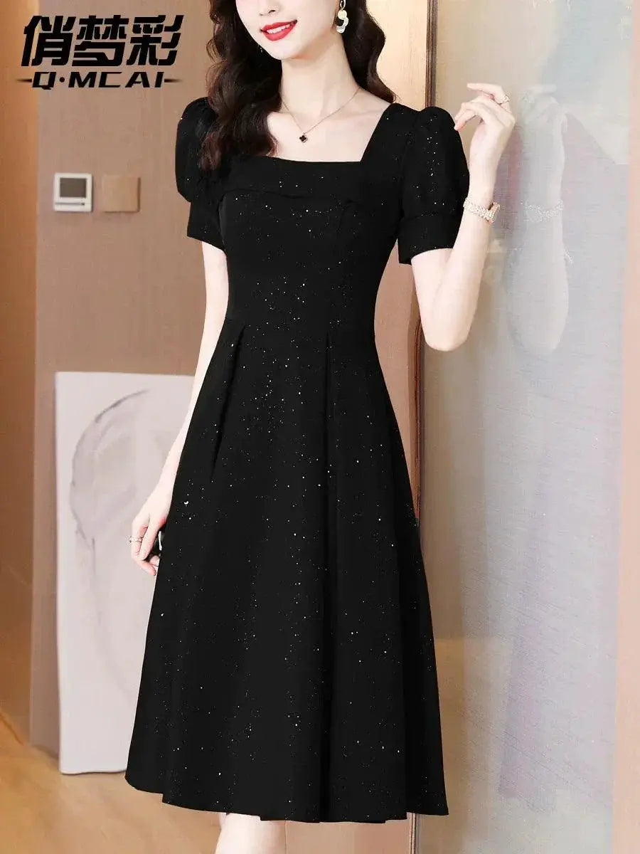 Elegant Summer Dress High Waist Flare Square Neck Glam