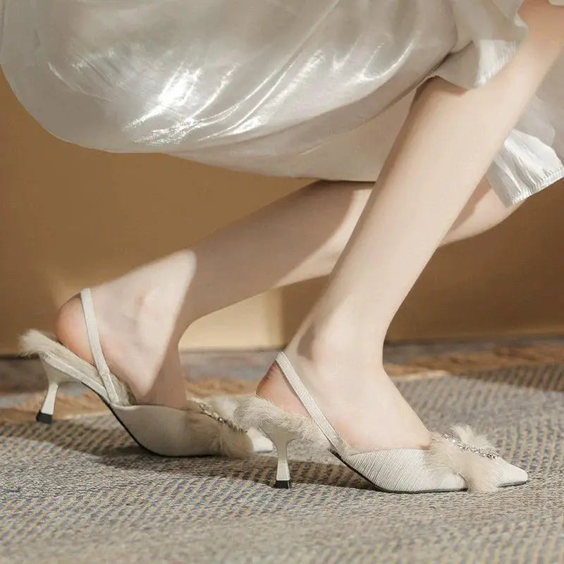 Furry Pointed Rhinestone Heel Shoes Women Elegance