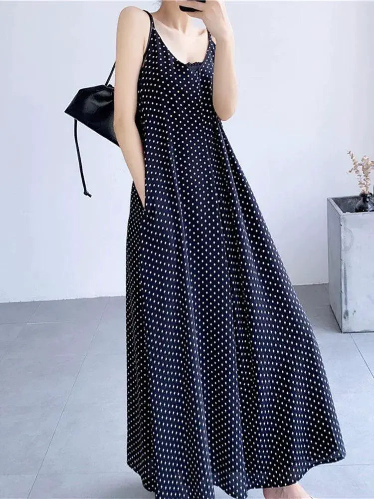 Black Polka Dot A Line Summer Dress With Pockets And Straps