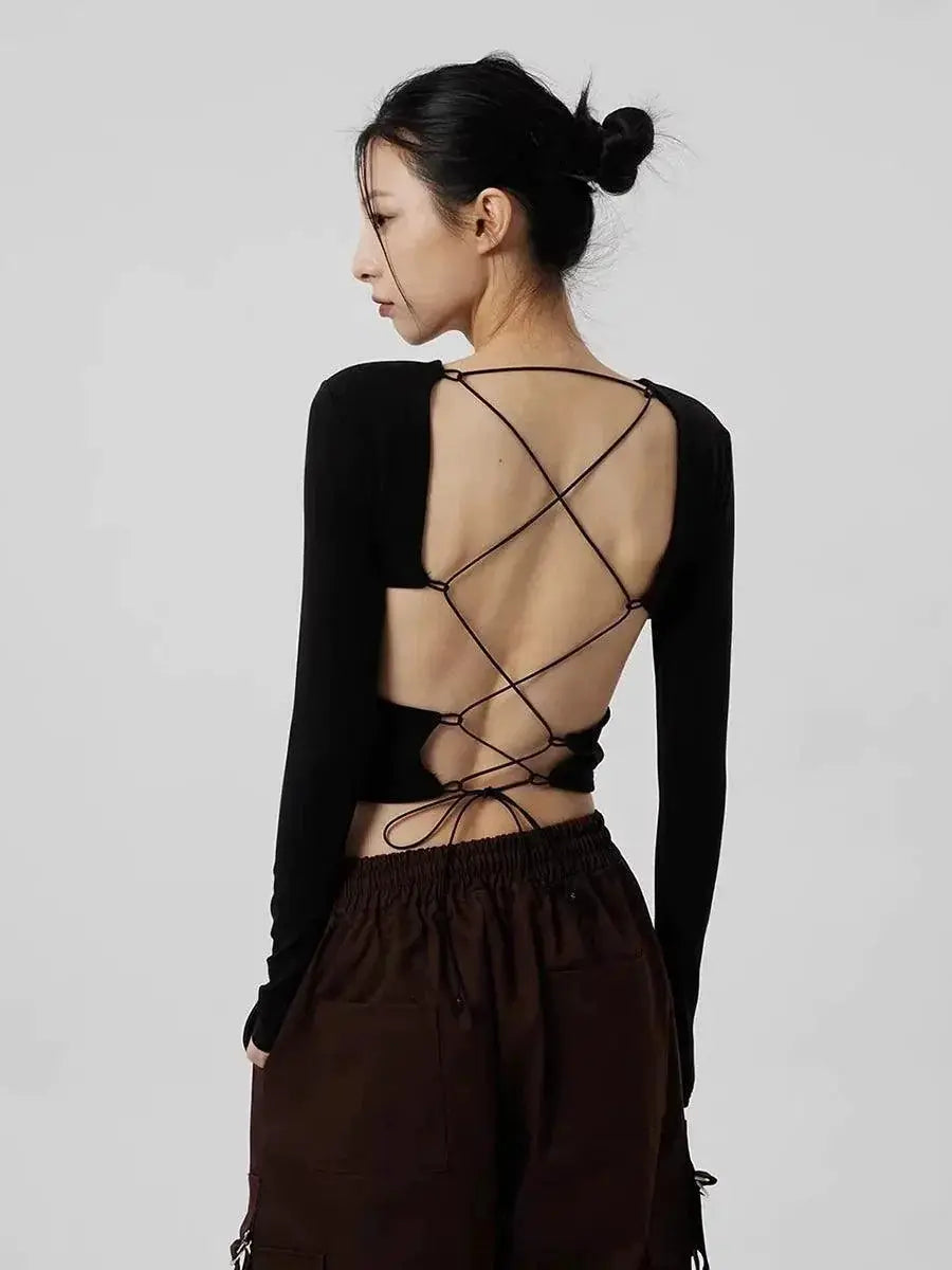 Sexy Black Cross Long Sleeve Tee for Night Out Chic Style