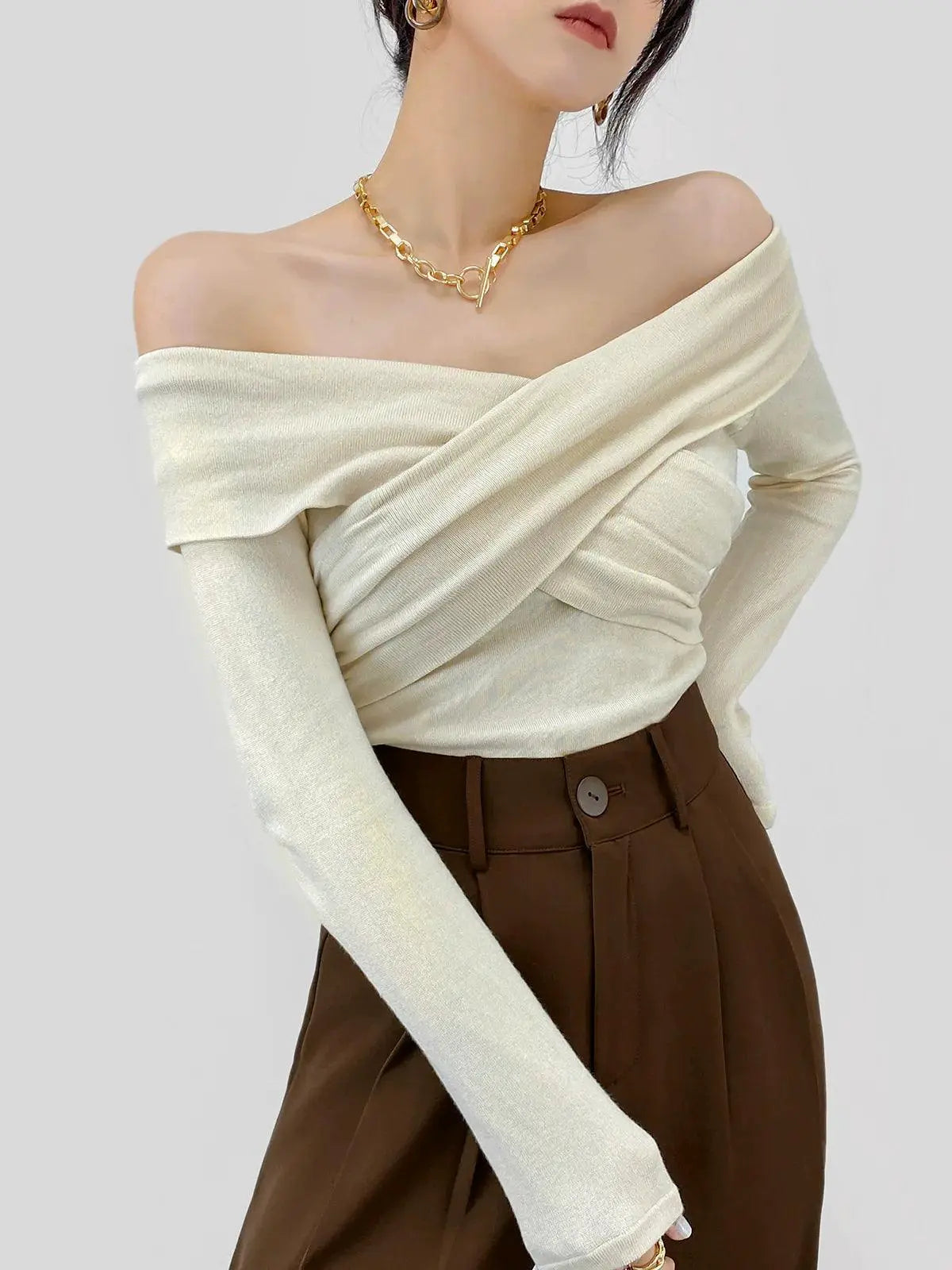 Cross Pleated V Neck Off Shoulder Knitwear Chic Elegance