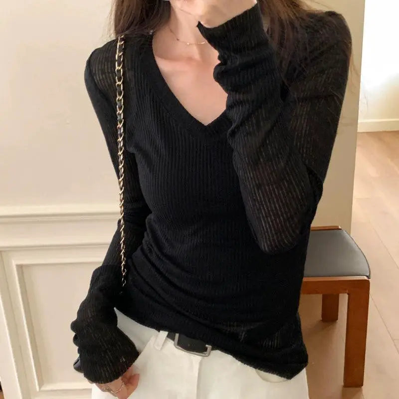 Gray V Neck Sheer Knit Shirt Niche Style Micro Transparent
