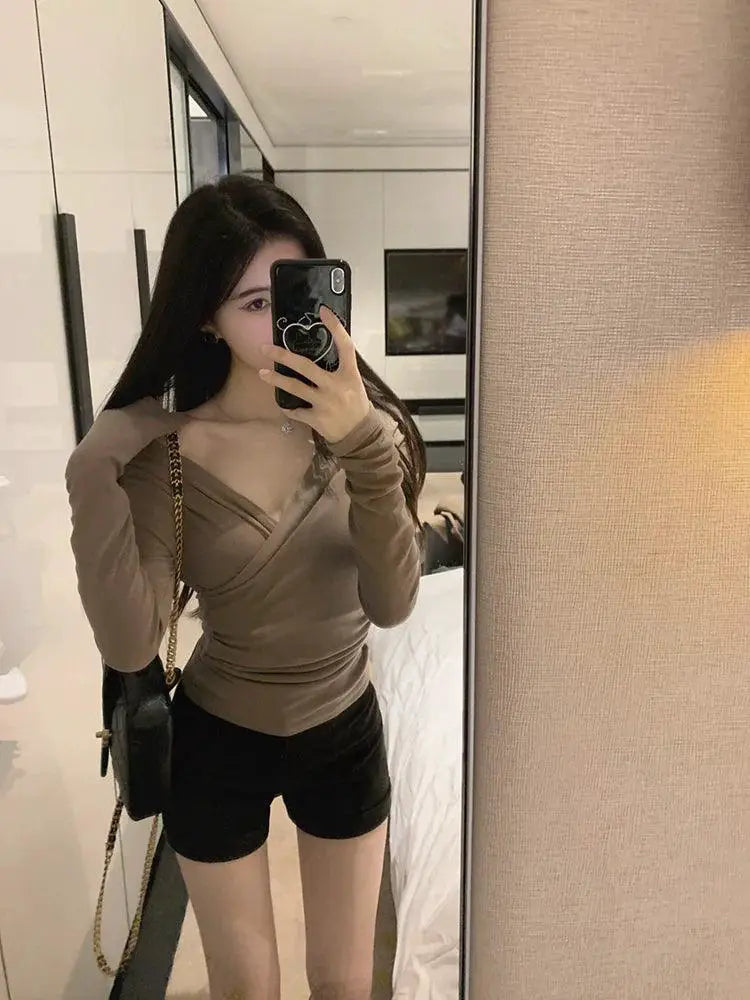 Autumn V Neck Ruched Shirt Elegant Slim Fit Top Stylish