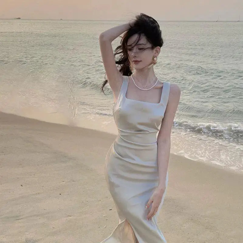 White Satin Sling Dress Chic Elegant Event Wear for Women