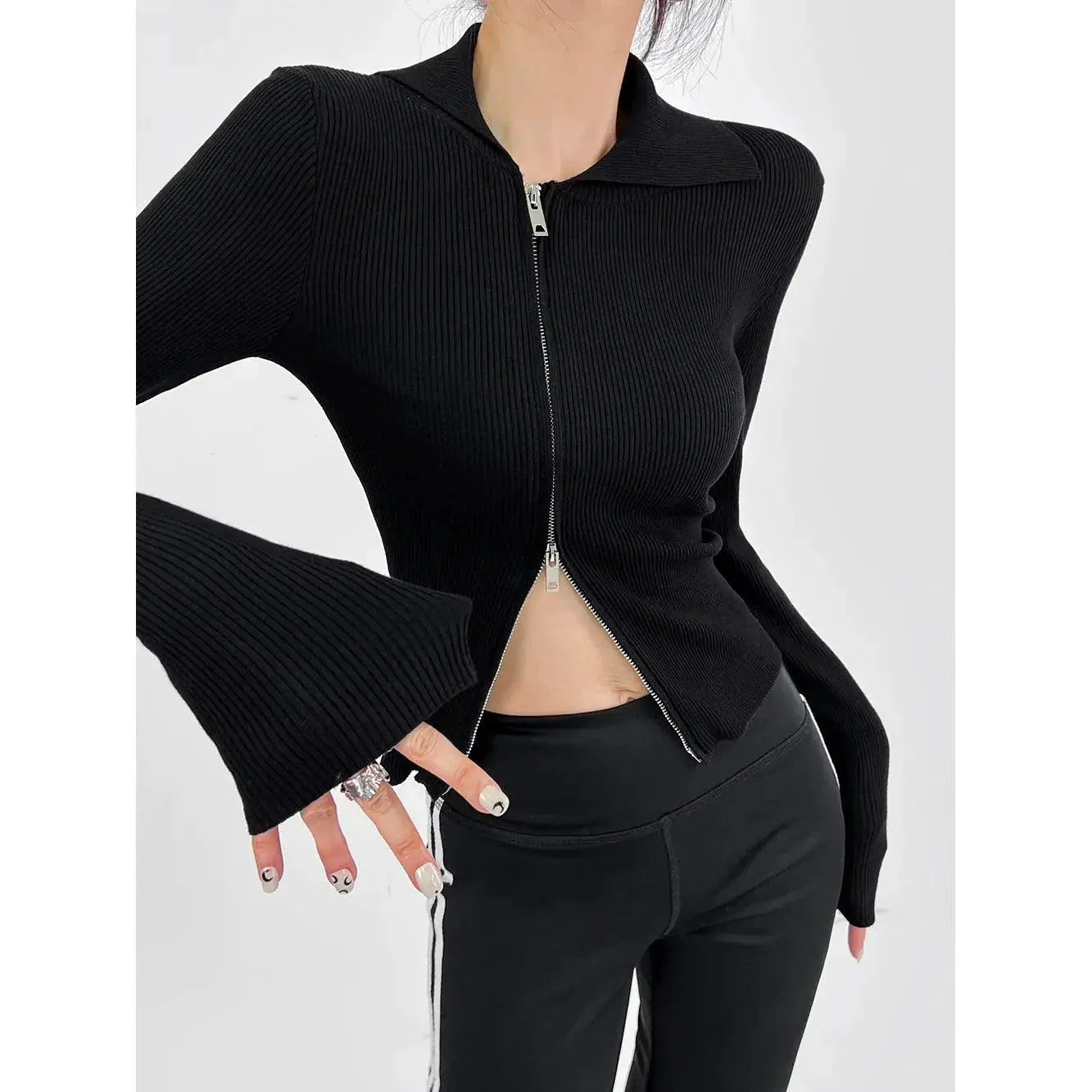 Double Z Asymmetric Zipper V Neck Sweater Chic Style