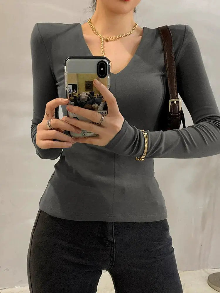European Chic V Neck Long Sleeve T Shirt Smart Comfort