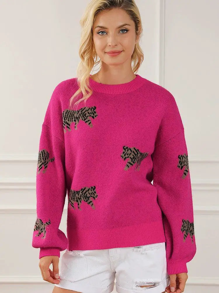 Fashion Women Long Sleeve Pullover Top Animal Print Sweater