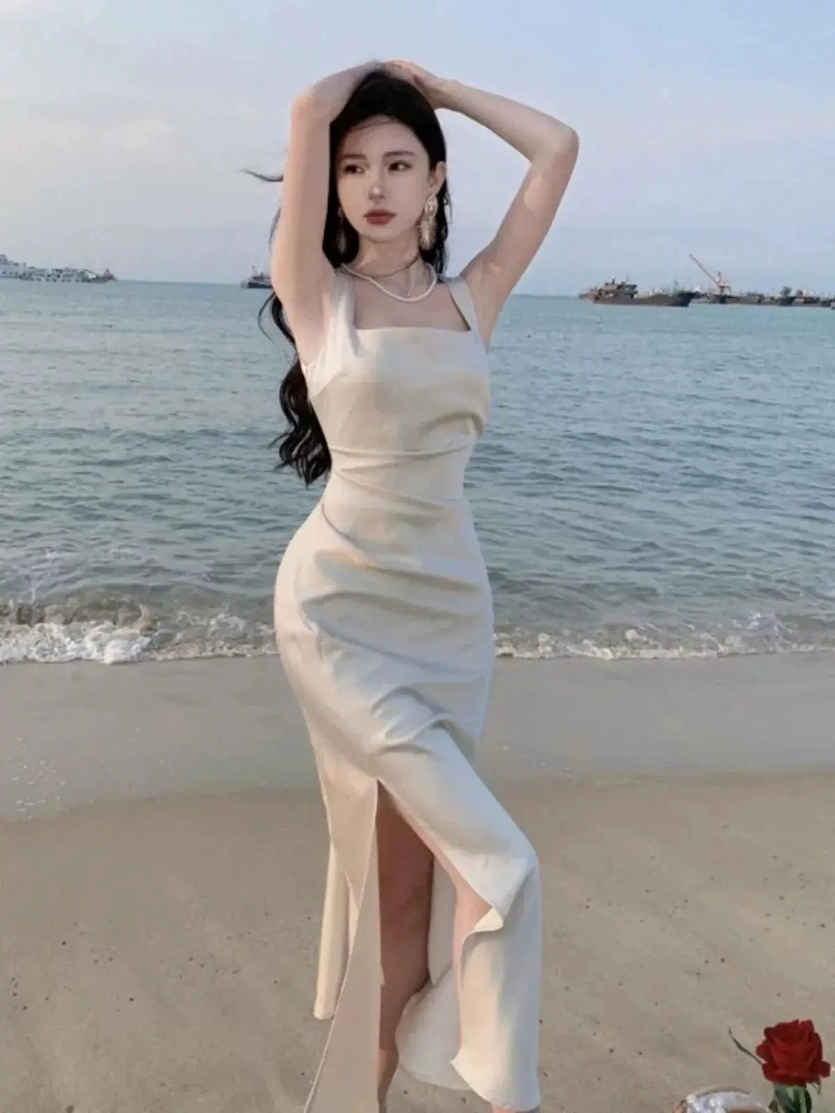 White Satin Sling Dress Chic Elegant Event Wear for Women