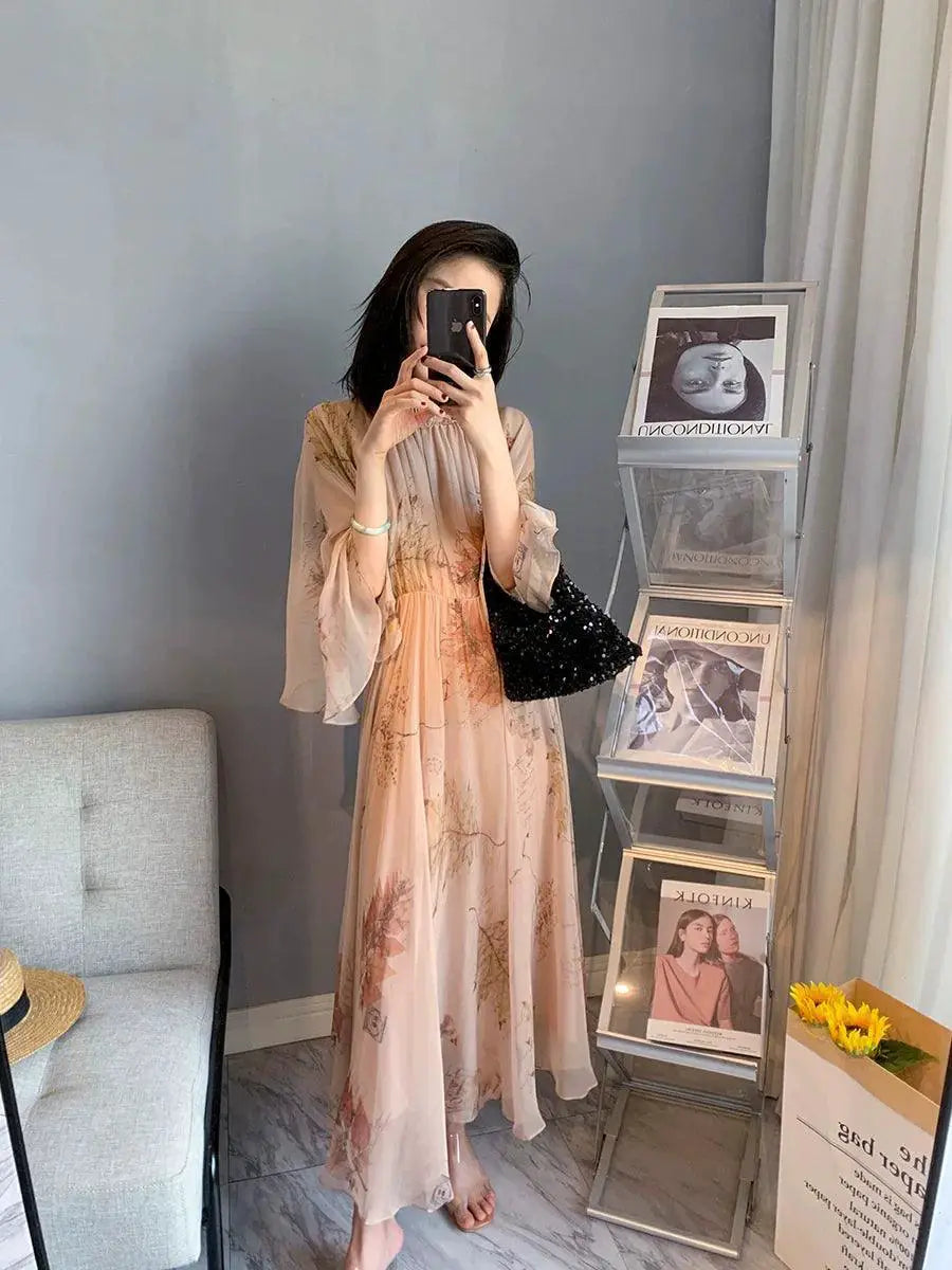 Chiffon Floral Dress Elegant Bohemian A Line Skirt